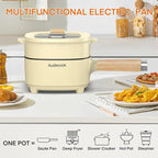 Audecook Hot Pot Electric 2L, Cermic Glaze Non-Stick Frying Pan 8 Inch, Portable Travel Cooker for Ramen/Steak/Fried Rice/Oatmeal/Soup, with Dual Power Control (Silicone Spatula Included)