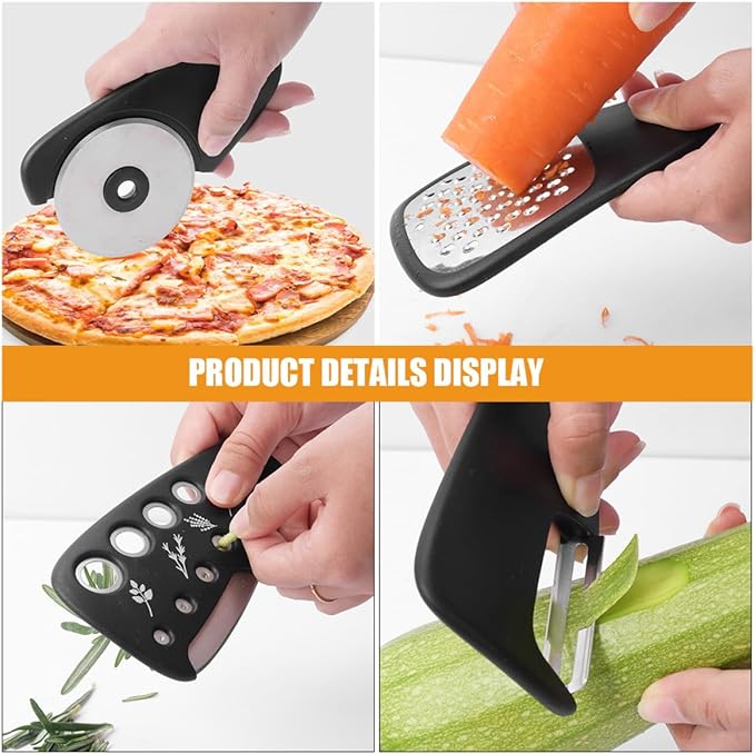 Multipurpose Kitchen Tool Set with Bottle Opener, Vegetable Peeler, Cheese Grater, Pizza Cutter, and Garlic Grinder – Stainless Steel and Plastic, Compact Design for Home Cooking