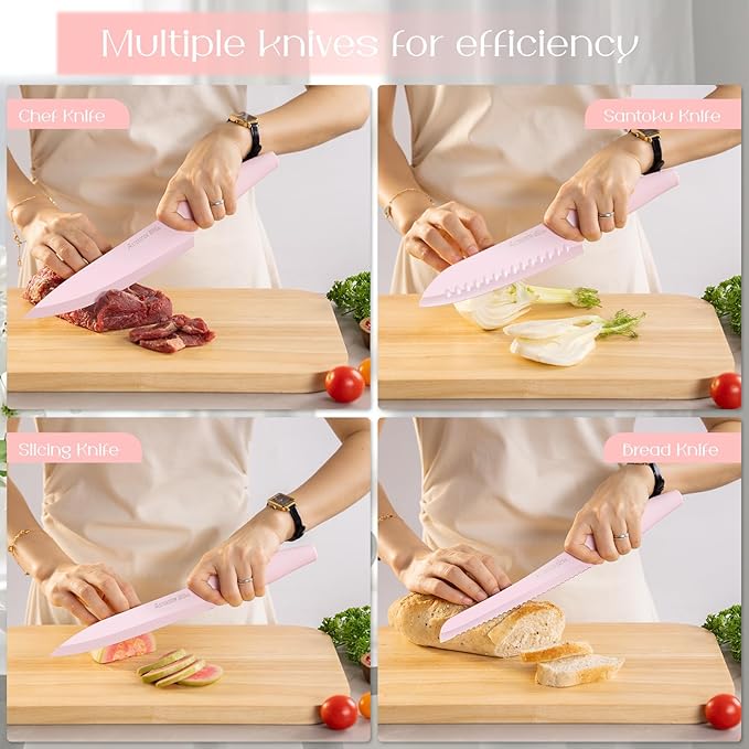 Astercook Knife Set with Block and Sharpener, 22 Piece Kitchen Knife Set Dishwasher Safe, Space-Saving Clear Knife Block with Knives for Everyday Home Cooking Pink