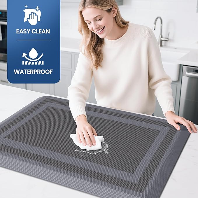 KitchenClouds [2 PCS] Kitchen Rugs Cushioned Anti-Fatigue Kitchen Mats for Floor Waterproof Kitchen Rug Set Non-Slip Comfort Standing Mat for Office, Sink, Laundry 20"×30"+20"×47", Grey