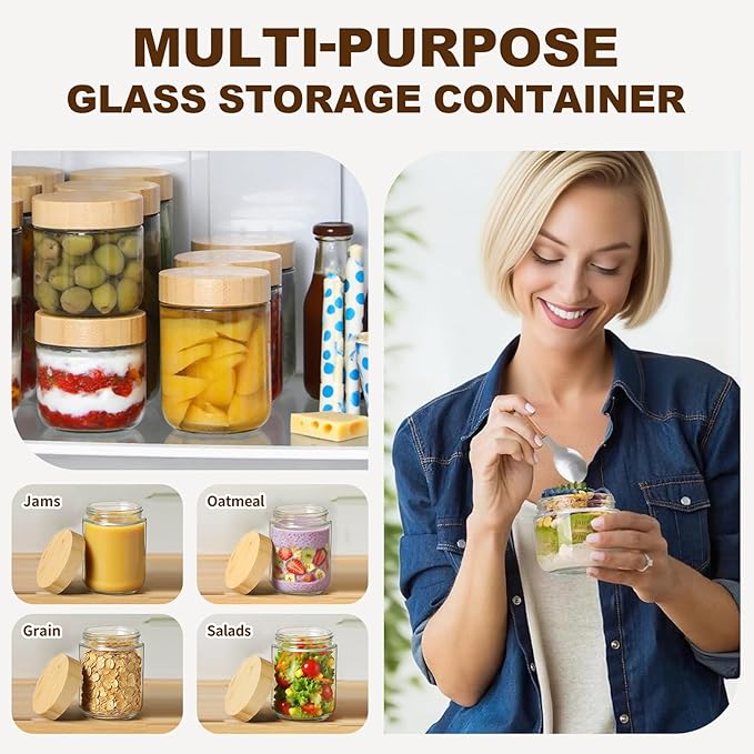 2 Pack 10oz Glass Jars with Bamboo Lids, Overnight Oats Containers with Airtight Lids, Storage Containers Wide Mouth Mason jars for Salad,Yogurt, Sugar, Snacks, Spices