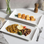14 inch Ceramic Serving Platter - Rectangular Serving Trays Set of 4, Large Embossed Plates, Porcelain White Platters for Steak, Appetizer, Dessert, Tacos, Housewarming, Oven Dishwasher Safe