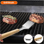5 pcs Heavy-Duty Wooden BBQ Grilling Tools Set, Extra Thick Stainless Steel Multi-Functional Spatula, Fork, Tong, Oiling Brush & Cleaning Brush - an Excellent Barbecue Gift for Men
