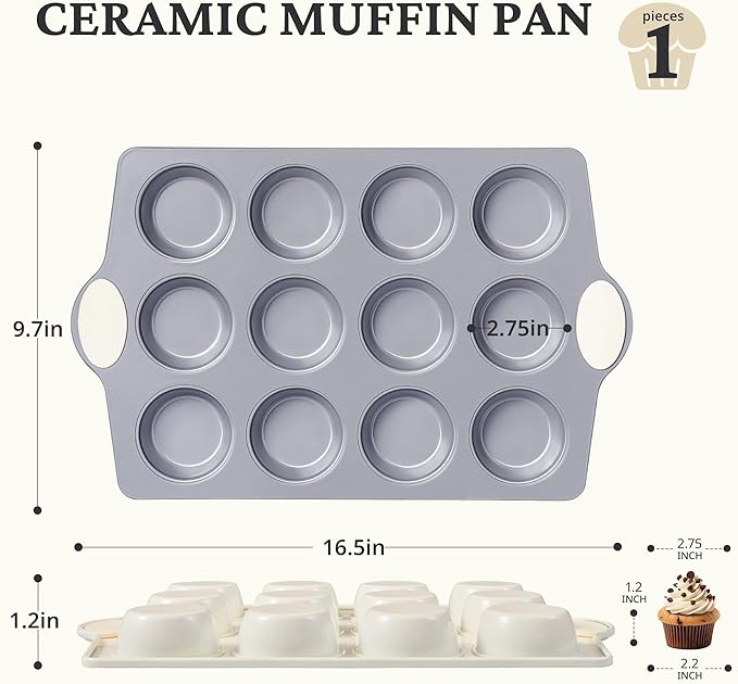 BRONYPRO 12-Cup Non Toxic Nonstick Ceramic Muffin Pan & Cupcake Tin, PFOA & PFOA Free, Heavy Duty Rust-Resistant Aluminized Steel, Oven Safe, Cream White