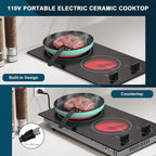 Karinear 110v Electric Cooktop 2 Burners, 12'' Electric Stove Top with Plug in, Knob Control Countertop & Built-in Ceramic Cooktop, 9 Heating Level, Hot Warning, Over-Temperature Protection