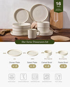 Famiware Star 16-Piece Stoneware Dinnerware Sets with Trim, Service for 4 - Shallow Pasta Bowls & Flat Plates, Modern Rustic Ribbed Dishes, Chip & Scratch Resistant, Microwave & Dishwasher Safe, White