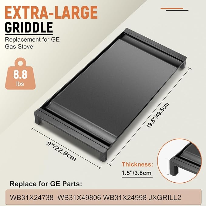 Upgraded WB31X24738 Non-stick Griddle Replacement for GE Appliance Stove Cooktop, Nitriding Process, 19.5"×9" Extra-Large Integrated Aluminum Griddle Plate for GE Gas Stove Top Center