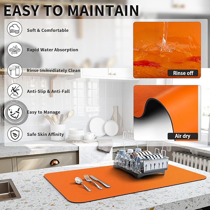 HotLive Dish Drying Mat for Kitchen Counter, Heat Resistant Drainer Mats with Non-slip Rubber Backed, Hide Stain Kitchen Super Absorbent Draining Mat, Easy to Clean Dish Rack Pad, Orange 18"x28"