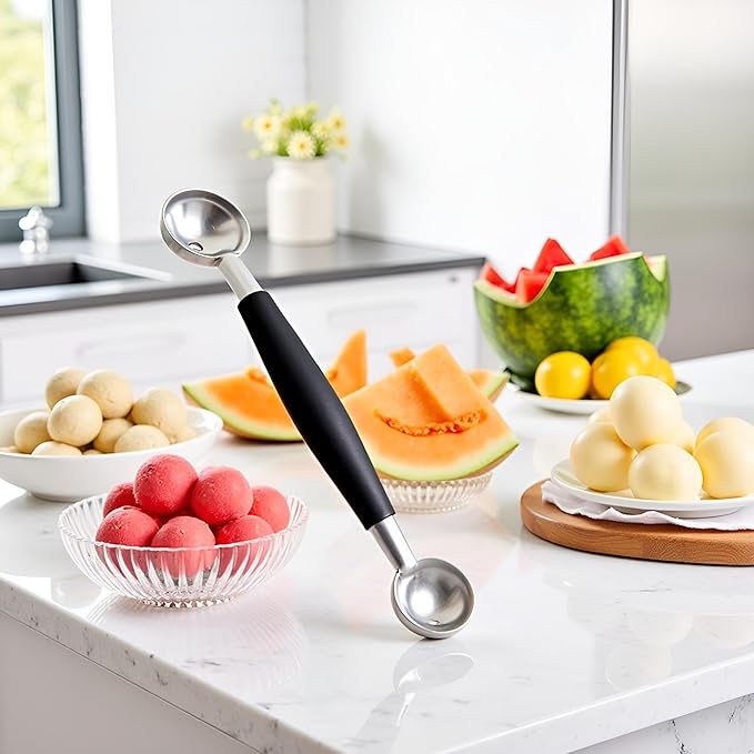 1Pc Black Double-Sided Fruit Melon Baller Spoon 2 in 1 Stainless Steel Melon Ballers Melon Scoop for Watermelon Cantaloupe Icecream Ball,18cm,Fruit and Vegetable Tools,Melon Ballers,Kitchen