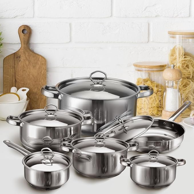 Hunnycook Stainless Steel Cookware Set - 15 Pieces Stainless Steel Pots and Pans Set, Includes 6 Pots and Pans, 6 Lids and 3 Utensils, Fixed Handles, Induction Safe and Dishwasher Safe