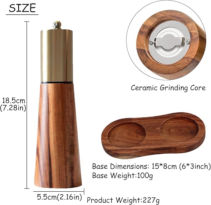 Salt and Pepper Grinder Set Gold Manual Pepper Grinder with Wooden Base, Adjustable Coarseness Refillable Ceramic Blade Grinding Enjoy Fresh Ground Pepper Salts with Spices, 2pcs-7in(7IN-Golden Wood)