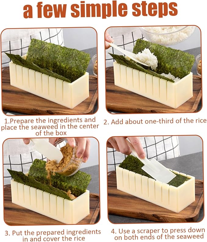 Sushi Making Kit(7Pcs) Square, Round & Heart Shaped Sushi Mold with Spoon & Even Slot for Easy Cutting Plastic Maker for Household, Commercial, Tools Gadget Sets