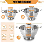 Stainless Steel Colander Set of 3 (1.5-3-5Quart) | Durable Rice and Pasta Strainer with Handle | Oversized Handles | Nesting Design | Rust-Resistant & Dishwasher Safe