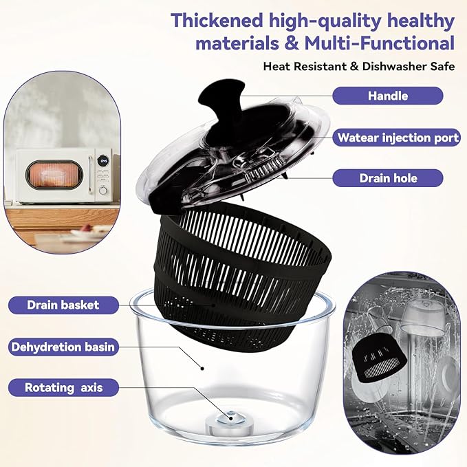Good Girps 3.2 Qt Glass Salad Spinner Small Vegetable Dryer with Drain Microwave Safe Dishwasher Safe with Transparent Lid Crank Handle Quick Spin Greens Washer for Lettuce Herbs Fruits