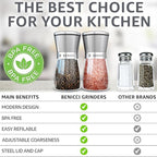 Stainless Steel Salt and Pepper Grinder Set of 2 (5oz) – Manual Adjustable Ceramic Mills – Grinders with 5 Coarseness Levels – Refillable Glass Shakers, No Batteries – Includes Spoon & Brush