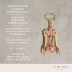 Twine Winged Corkscrew Wine Opener, Versatile Bottle Opener for Beer and Soft Drinks, Stainless Steel with Ergonomic Handle and Sharp Screw for Bartenders, Home Bar, Kitchen, Set of 1, Copper and Gold