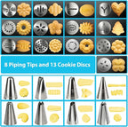 Stainless Steel Cookies Press,Cookie Press Gun Kit with 13 Cookie Discs and 8 Piping Tips for DIY Various Cookies Maker
