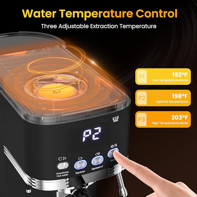 Espresso Machine 20 Bar Temperature Time LED Display Espresso Maker with Adjustable Extraction Temperature Stainless Steel Coffee Machine with Powerful Steam Wand for Cappuccino Latte for Black