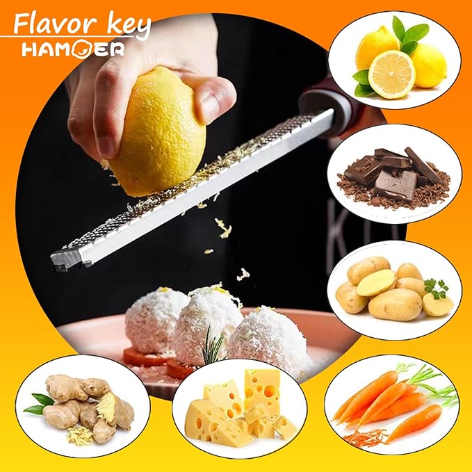 Zester Grater & Channel Knife Kitchen Bar Tool Set for Parmesan Cheese Lemon Garlic Nutmeg Chocolate Citrus Cucumber Radish Ginger Crushed Scraping Rubber Ergonomic Curved Handle Black