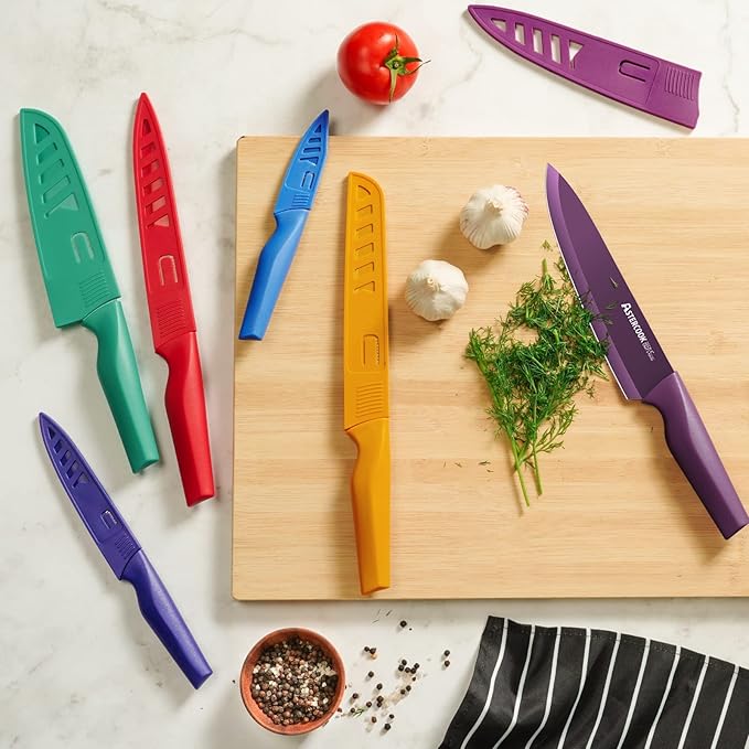 Astercook Knife Set, 12 Pcs Color-Coded Kitchen Knives Set, 6 Color Anti-Rust Coating Stainless Steel Chef Knife Sets with 6 Blade Guards Dishwasher Safe