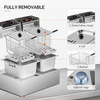 ROVSUN 22.8QT/21.6L Electric Deep Fryer, Commercial Deep Fryer with Baskets Lids Countertop, Stainless Steel Dual Tank Kitchen Fat Fryer Frying Machine for French Fries Donuts, Adjustable Temp, 3400W