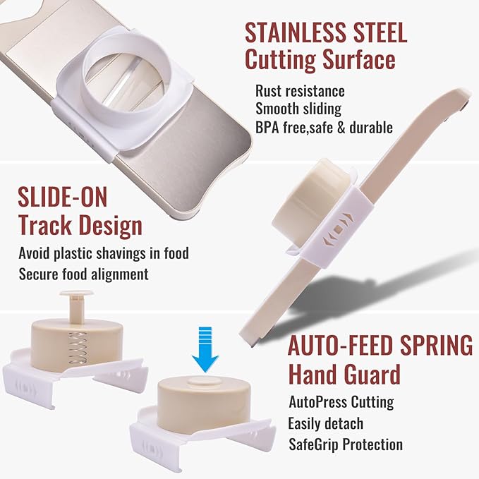 NACOLUS 6-Blade Mandoline Slicer with Slide-On Hand Guard - Vegetable Slicer, Potato/Onion/Garlic Slicer, Kitchen Grater(Multi-Color) (Beige, 6-in-1)