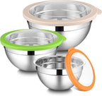 LIANYU Mixing Bowls with Lid Set of 3, Large & Small Stainless Steel Metal Salad Mixing Bowls, 1.5 & 3 & 4.6QT Sizes For Kitchen Cooking, Baking, Storage, Food Prepping, Serving, Three-Color