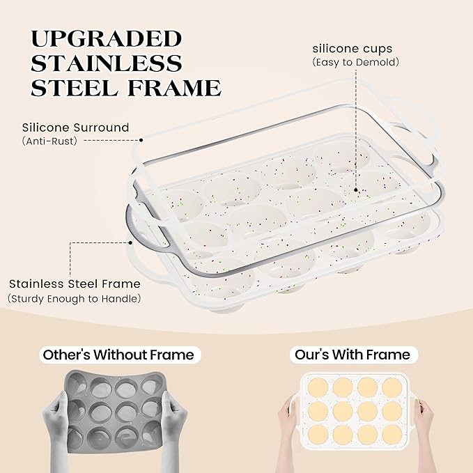 1 Pc Silicone Muffin Pan for Baking with Metal Frame, Nonstick 12 Cup Regular Size Cupcake Pan, Silicone Muffin Tray for Egg Bites (Cream)
