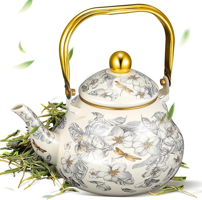 Cabilock Vintage Enamel Tea Kettle, Floral Enamel on Steel Teapot 2L Stovetop Ceramic Teakettle Retro Classic Water Boiler with Cool Handle for Home Kitchen Decor