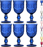 Yungala Cobalt Wine Glasses Set of 6 Goblets - Handcrafted Vintage Glassware with Sunflower Motif, Dishwasher Safe Cobalt Blue Glassware