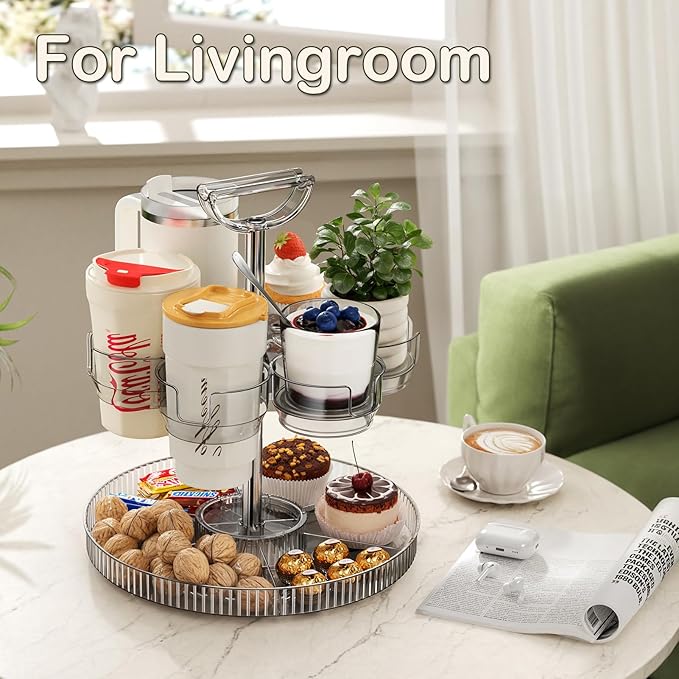 Rotating Coffee Bar Accessories Organizer, 2-Tier Lazy Susan Cup Holder for Stanley 40oz Tumbler with Handle, Countertop Drying Rack Station with Divided Tray for K-Cups, Snacks & Mugs