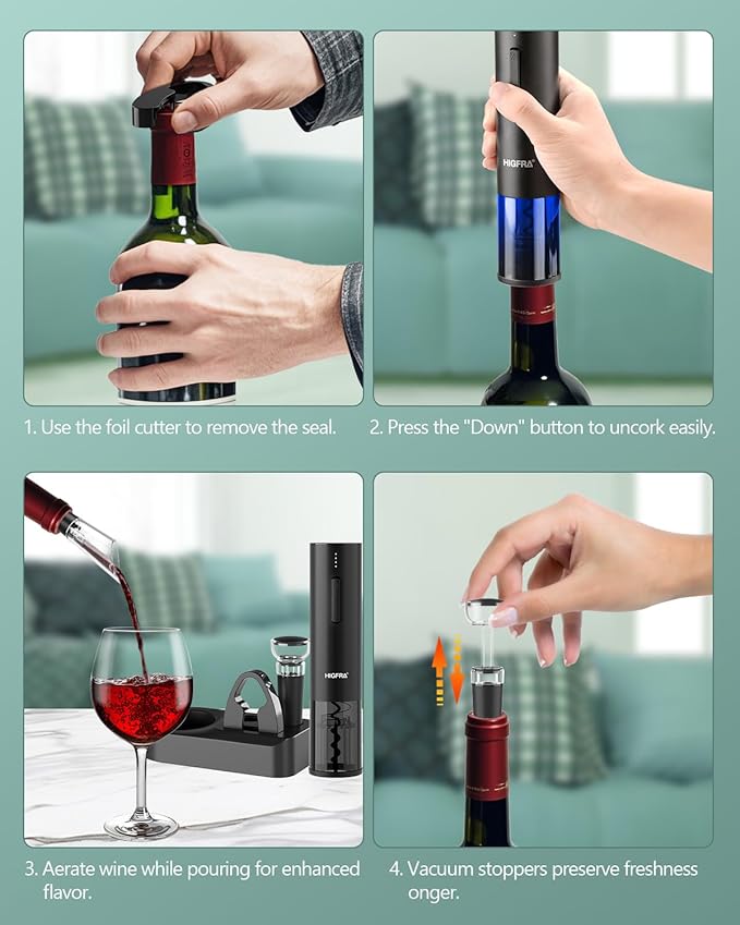 Electric Wine Opener Gift Set - Premium Wine Accessories with Wine Aerator, Vacuum Stopper, Foil Cutter and Gift Box - Ideal Christmas Gift for Wine Lovers and Special Celebrations