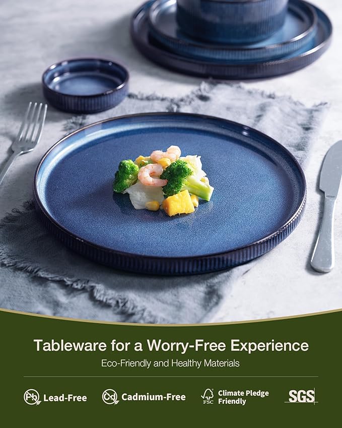 Famiware Star 24-Piece Stoneware Dinnerware Sets for 6 - Shallow Pasta Bowls & Flat Plates, Modern Rustic Reactive Glaze Dishes, Chip & Scratch Resistant, Microwave & Dishwasher Safe, Nebulas Blue