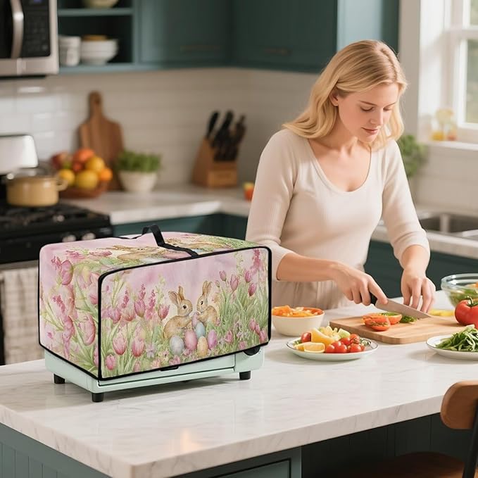 Easter Egg Bunny Tulip Print Toaster Oven Cover for Easter Decor, Dust-proof Case for Air Fryer, Heat-resistant Kitchen Countertop Appliance Protector, (Small-14.5*18.46*9 inches)