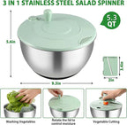 Salad Spinner Stainless Steel, 5.3 Qt Large Vegetables & Fruits Wash Bowl, Lettuce Washer Spinne with 5 Blade Slicer Egg Yolk Strainer, Lettuce Spinner with Stop Button Drain Spout for 2-3 Servings
