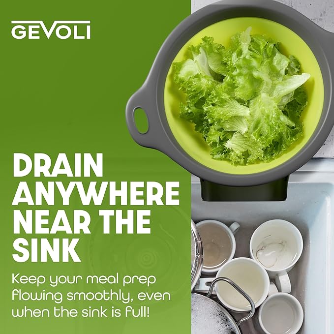 Gevoli Large Collapsible Colander with Self Draining Base - 5Qt Side Drain Food Strainer for Edge of Kitchen Sink (Patent Pending) Green (2 Piece Set)