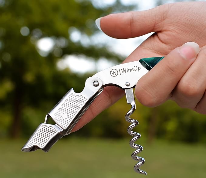WineOp Professional Wine Opener - Luxury Double Hinged Waiter's Corkscrew Wine Bottle Key - Cork screwer for Servers, Bartenders, Sommelier and Home Use | All-In-One Stainless Steel - Green Resin