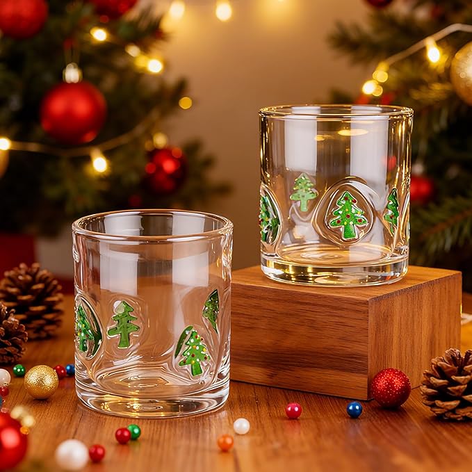 2 Pcs Handmade Christmas Tree Icon Juice Glass Cup, 14 oz Double Old Fashioned Stemless Wine Cocktail Drinking Glass Cup for Holiday Party Supplies Xmas Gifts