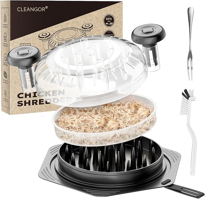 Cleangor Chicken Shredder Tool Twist Large, BPA Free Meat Shredder with Ergonomic Handle, Non-Slip Food Shredder Tool for Pork, Beef, Set of Chicken Breast Shredder with Brush & Fork (1, Black)
