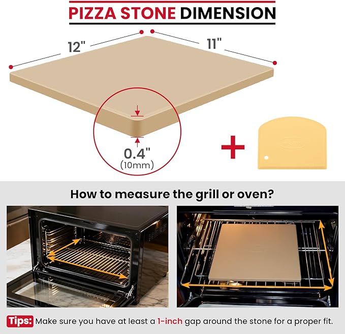 Unicook Pizza Stone for Oven and BBQ Grill, 12 x 11 Inch Rectangular Oven Grill Pizza Stone, Cordierite Baking Pan for Crispy Crusts, Thermal Shock Resistant, Including Dough Scraper