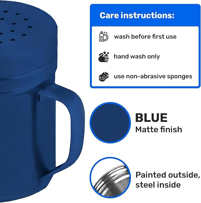 CUSINIUM 6oz Navy Blue Stainless Steel Salt Pepper Dredge Shakers - With Plastic Cap - With Handle - Pack of 2