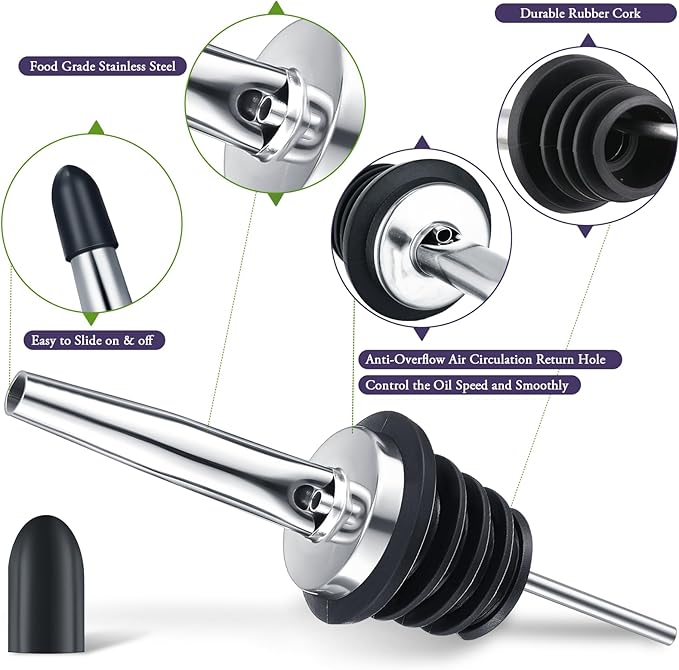 48 Pcs CHENGU Stainless Steel Bottle Pourers Tapered Liquor Pourers with Rubber Dust Caps Tapered Spouts Set Bar Supplies Vinegar Bottle Dispenser Wine Liquor Spout for Oil Beer Drink Water (Silver)