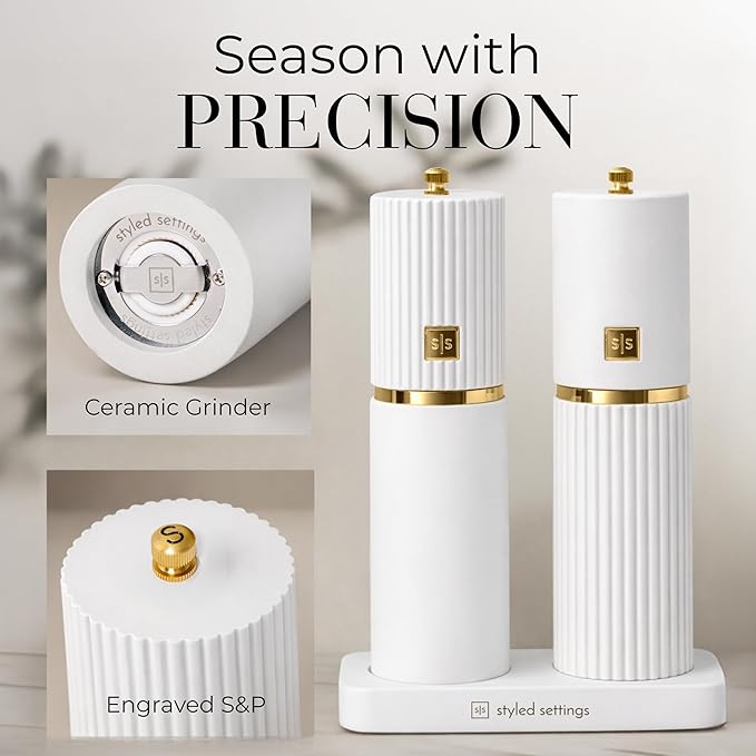 Wooden Salt and Pepper Grinder Set – Refillable Manual Salt and Pepper Mills with Adjustable Ceramic Burrs, Gold Detailing, and Wood Stand – White