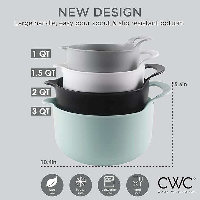 COOK WITH COLOR Nesting Plastic Mixing Bowl Set with Pour Spouts and Handles, Mint, 4 Piece Non-Slip