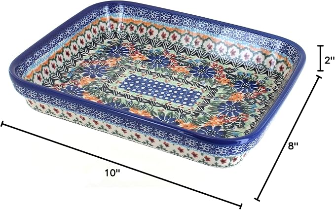 Blue Rose Polish Pottery - Orange Ashley Small Rectangular Baker - 10.25" x 8" - Unique, Dishwasher Safe, & Durable Bakeware