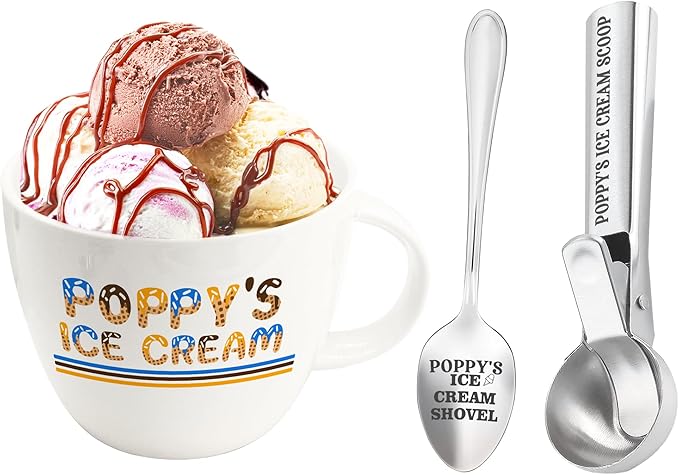 Christmas Poppy Gifts, Poppy's Gift Ice Cream Bowl Scoop Shovel Spoon Set, Grandpa Ice Cream Gift from Grandkids, Ideal Xmas Birthday Father's Day Man Gifts