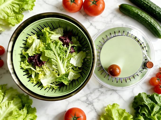 5.3Qt Stainless Steel Salad Spinner with Stop Button, Lid & Non-Slip Base, Salad Spinner Stainless Steel no Plastic, Dishwasher Safe, Vegetable Spinner Dryer with Drain Hole (GREEN)