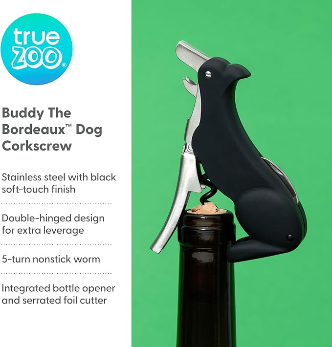 True Zoo Buddy the Bordeaux Collie Black Dog Corkscrew Wine Opener with Built-in Bottle Opener & Sharp Foil Cutter, Stainless Steel and Plastic, Home Bar, Kitchen, Travel, Novelty Gifts, Set of 1