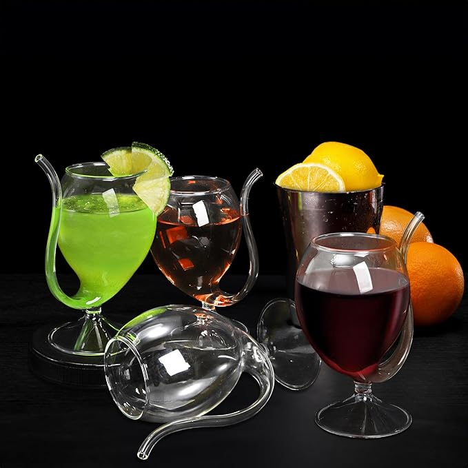 Tlence 4 Pack Straw Wine Glass, 12 OZ Sipping Wine Glasses with Built-in Straw, Creative Tube Cocktail Goblets, Clear Funny Decanter Cups for Juice Ice Cream Champagne Party Glassware Barware