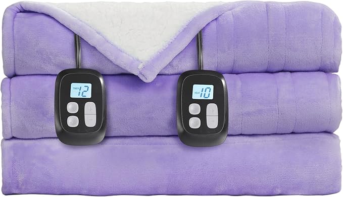 Electric Heated Blanket Queen Size - 84"x90", Soft Flannel Heating Blanket, 10 Heating Levels, 1-12 H Auto Shut Off, Dual Controllers, Breathable Warm and Washable for Bed, Light Purple